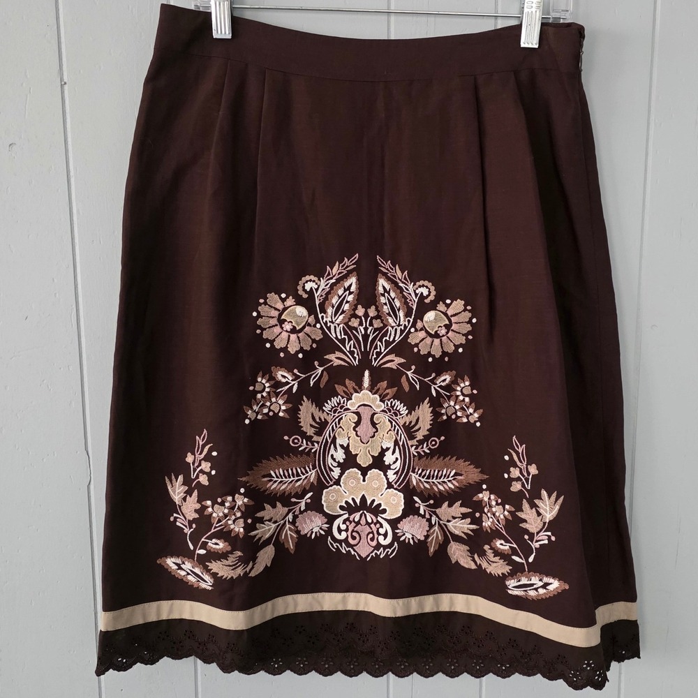 Ann Taylor Loft Brown Linen Blend Embroidered Eyelet A-Line Skirt Size 8 NWT